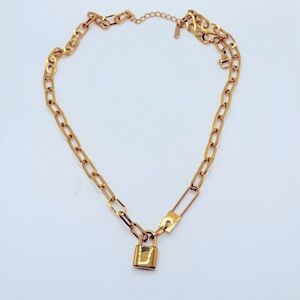 18kt gold plated stainless steel padlock paper clip chain necklace 16 in +